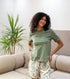 Women summer pajama set Olive Tee + Green Leaves shorts